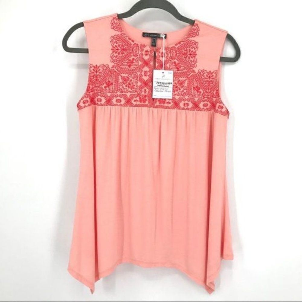 Adrianna Papell embroidered peach tank top asymmetrical hem women NWT size 6